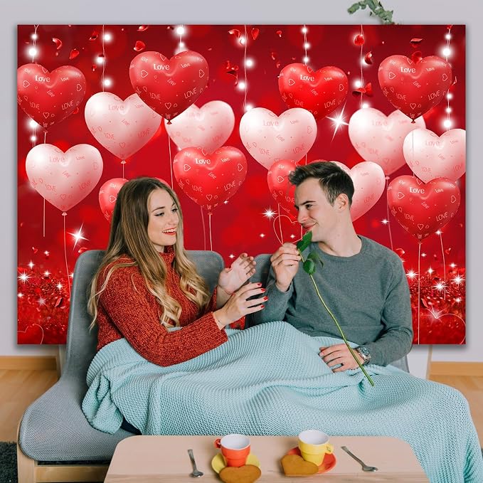 Red Hearts Balloons Anniversary Backdrop Banner 7x5ft Romantic Love Theme Photo Background For Anniversary Engagement Wedding Bridal Shower Couples Date Night Party Decorations Photo Booth (82x59inch)