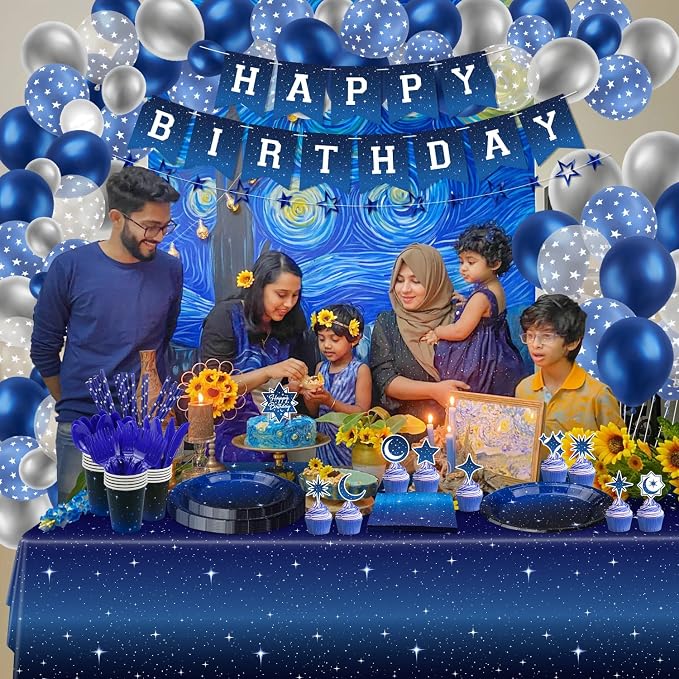 221 Pack Space Galaxy Party Supplies Ramadan Decoration Starry Night Tableware Set Space Birthday Banner Star Garlands Outer Tablecloth Galaxy Planet Themed Birthday Party Decorations Serves 20