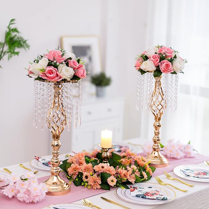 Gold Vases Centerpieces for Wedding: 19.3" Tall Flower Stand with Crystal Patent for Table Center Piece Party Event Set of 10