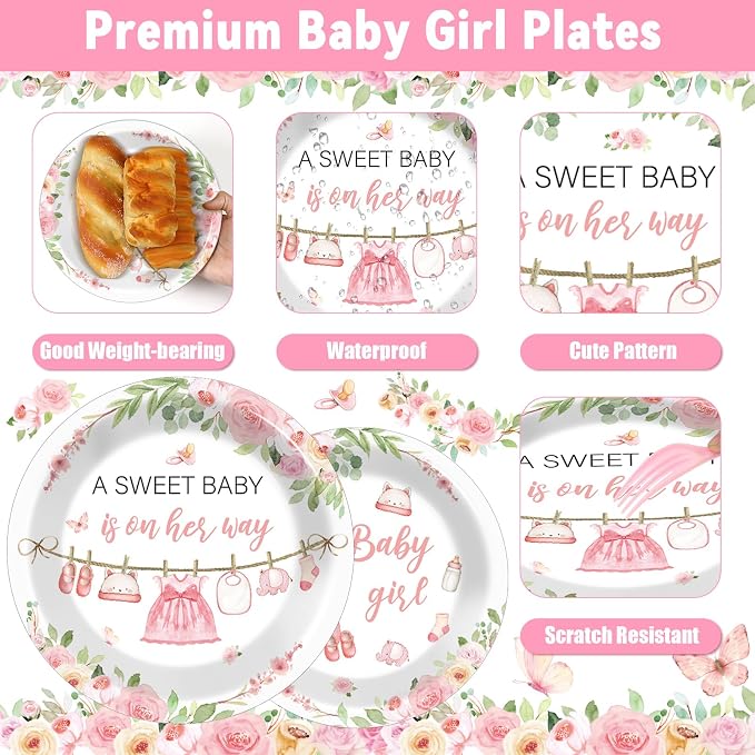 Justforjoyful 200Pcs Floral Baby Girl Shower Plates and Napkins Decoration Pink Girl Party Tableware Dinnerware Set Spring Rose Gold Paper Plates for Baby Gender Reveal Party Supplies Serves 50