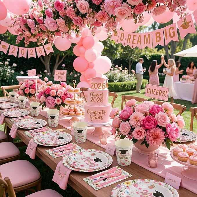 400 Pcs Class of 2026 Pink Floral Graduation Decoration for 50, Pink Gold Flower Graduation Paper Plates Napkins Cups Cutlery Congrats Grad Party Supply for Freshly Graduated Decoration