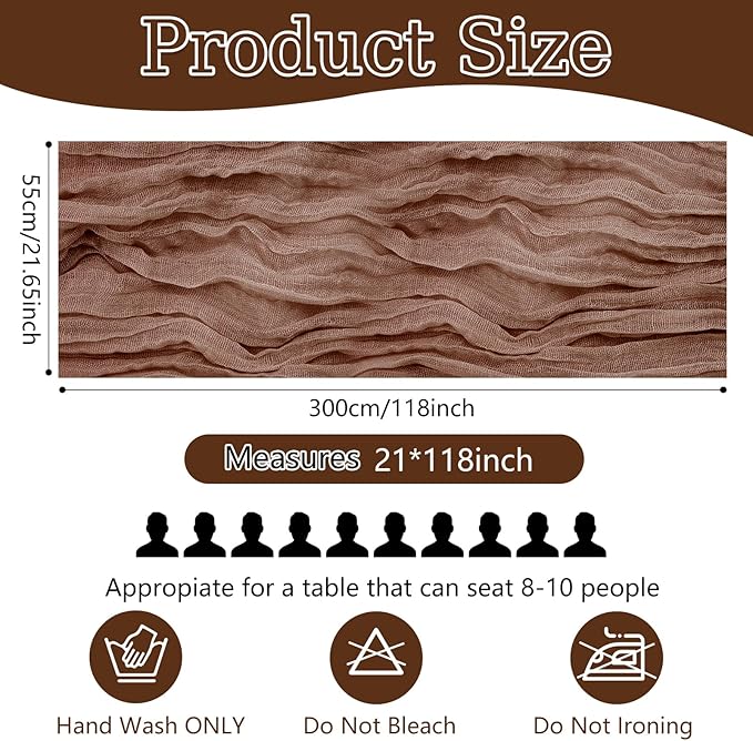 10 Pack Brown Cheesecloth Table Runner 10FT Boho Gauze Fabric Cheese Cloth Table Runners for Wedding ,Party,Baby Shower, Bridal Party, Rustic Farmhouse and Table Decorations