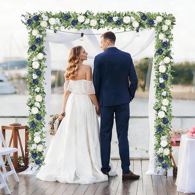 Betylifoy 2 Pack 12Ft Blue White Flower Garland Artificial Eucalyptus Flower Garlands Fake Peony Rose Floral Vines Silk Hydrangea Hanging Vine Greenery Garland for Wedding Party Table Backdrop Decor