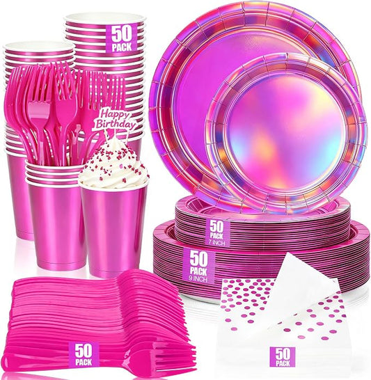 250Pcs Hot Pink Iridescent Plates and Napkins Party Supplies Set for 50 Guests, Disposable 9’’ and 7'' Holographic Paper Plates, Cups, Forks, Napkins Tableware for Mermaid, Birthday Party Decorations