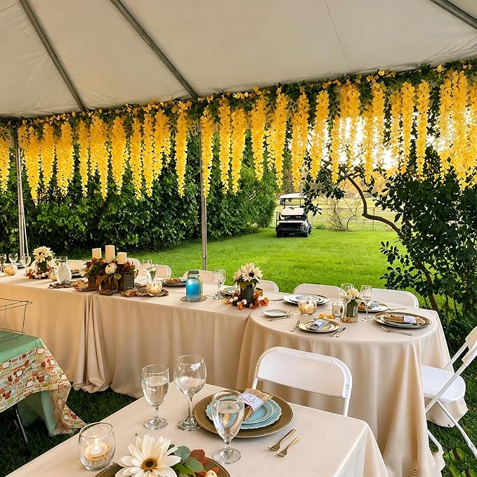 Artificial Wisteria Hanging Flowers Fake Wisteria Flower Garland Silk Vines Rattan Decor for Home Wedding Arch Wall Garden Greenery Bedroom Outdoor Office Party Decoration (12, Yellow)