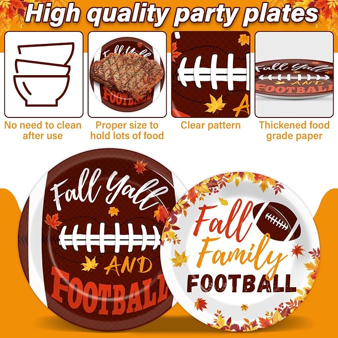 96 Pcs Football Fall Party Supplies Football and Fall Y'all Tableware Plates Napkins Rustic Football Autumn Dinnerware Table Decorations Maple Leaves Thanksgiving Holiday Party Favor for 24 Guests