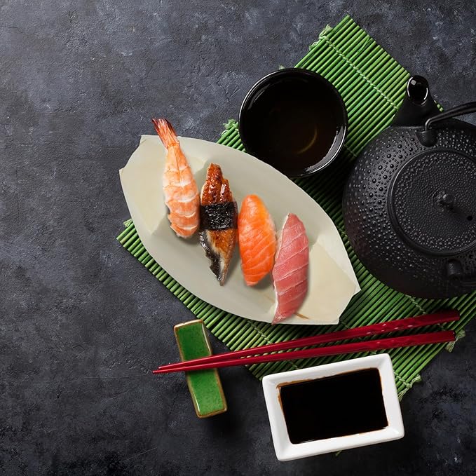 Hoolerry 300 Pcs Disposable Wood Boat Plates Dishes 4 Inches Bamboo Plates Sushi Boat Disposable Bamboo Leaf Dish Serving Tray Food Container Wood Bowl For Catering Home