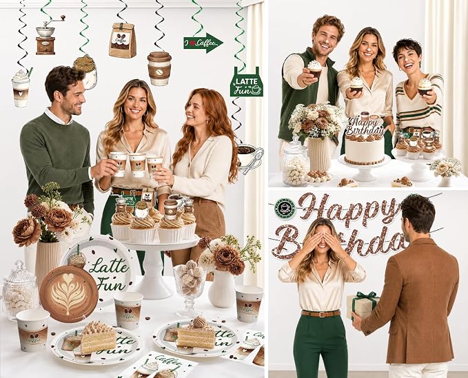 213pcs Coffee Birthday Decorations, Serves 25 People, Includes Pre-Strung Banner, Heavy-Duty 350gsm Paper Plates, Waterproof & Oil-Proof Disposable Plastic Tablecloths