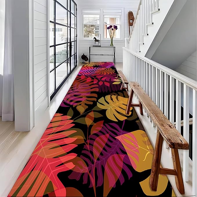 Leaf Hallway Runner Rug, 3.3x7ft, Bohemian Red Monstera 3D Design Color Kitchen Long Runner Mat, Indoor Soft Non-Slip Leaf Pattern Carpet for Living Room Foyer Bedroom Bedside