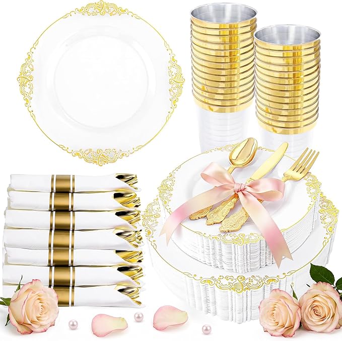 Hioasis 210pcs White and Gold Plates - White Party Plates for 30 Guest, Include 60 Heavy-duty Plates(20% Thicker Than Standard), 30 Pre Rolled Gold Plastic Silverware Set, 30 Cups