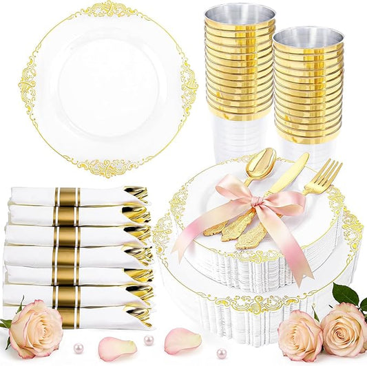Hioasis 210pcs White and Gold Plates - White Party Plates for 30 Guest, Include 60 Heavy-duty Plates(20% Thicker Than Standard), 30 Pre Rolled Gold Plastic Silverware Set, 30 Cups