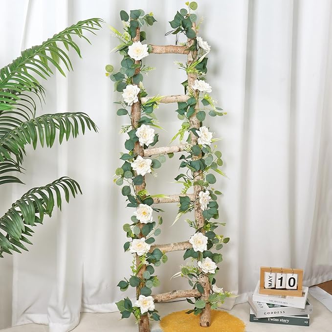 4PCS Flower Garland 6.2FT Artificial Rose Flowers Garland Wall Vines Greenery White Roses Eucalyptus Garlands for Wedding Table Runner Arches Backdrop Party Centerpiece Decor (White Rose, 4PCS)