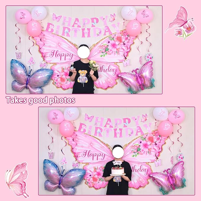 Roetyce Butterfly Birthday Decorations Girls, Pink Happy Birthday Banner Backdrop Balloons Hanging Swirls Cake Topper Kit for Home Party, Women Butterfly Themed Party Suppiles Photo Background