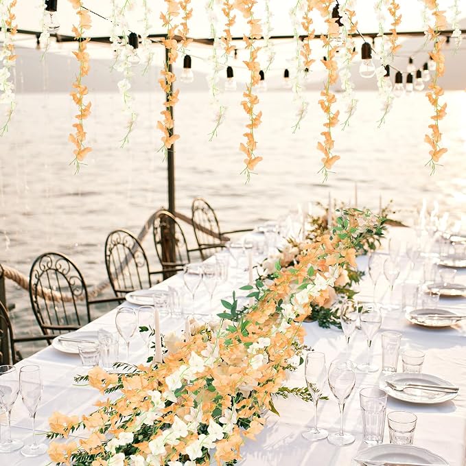 Thiccywoov 4pcs Wisteria Artificial Flowers Garland, 7.2Ft/Piece Wisteria Hanging Flowers Garland for Wedding Arch Decoration Outdoor Ceremony Home Backdrop Garden (Champagne,Orange)