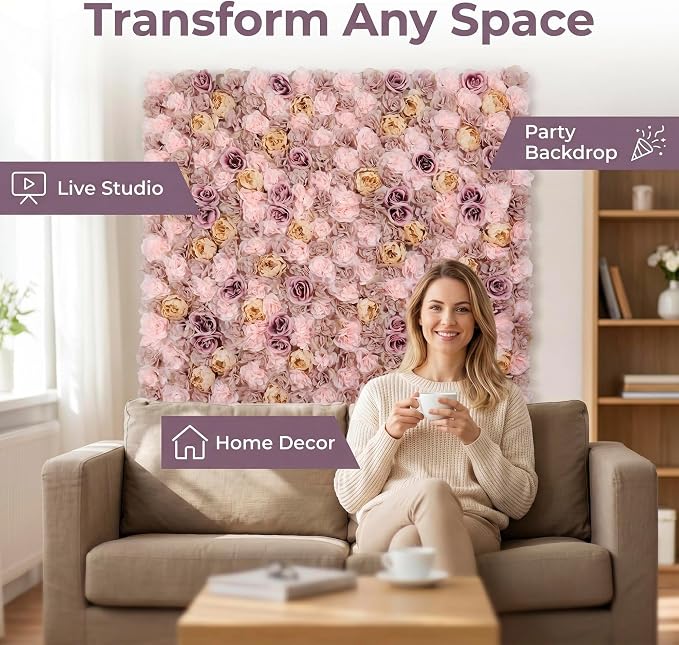 3D Flower Wall Backdrop 6 Pack, 24x16 Inch Coffee & Pink Artificial Rose Panels for Wedding, Party, Photo Studio, Home & Fence Decor