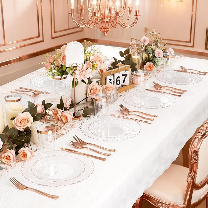 YOUBET 60PCS Rose Gold Plastic Plates - Scalloped Disposable Plates include 30 Dinner Plate, 30 Dessert Plate for Party & Wedding & Baby Shower