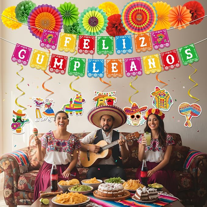 Rakuto Feliz Cumpleaños Party Decoracion Set, 21PCS Mexican Birthday Party Decorations with Banners Hanging Swirls Paper Fans Paper Poms, Fiesta Themed Día De Los Muertos Cinco De Mayo Decor