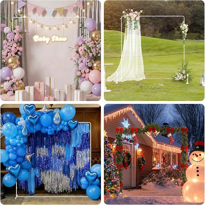 GOJIAWAY 7.2ft White Square Backdrop Stand, Metal Frame,2 Water Bags Base | Adjustable Height 4–7.2ft, Rust-Resistant, Quick Snap Assembly, Stability, for Wedding, Photo, birthday party, balloon arch