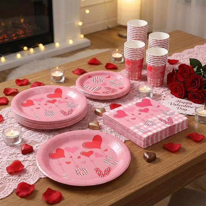 Jenaai 200 Pcs Valentine's Day Tableware Set Serve for 50 Guests Valentine's Day Party Supplies 9" Dinner Plates 7" Dessert Plates Paper Cups and Napkins Set for Dinnerware Tableware Disposable