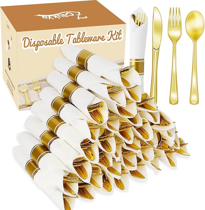 Zcaukya 200PCS Disposable Pre-wrapped Silverware for 50 Guests, Elegant Gold Plastic Dinnerware Utensil Set for Birthday Parties Weddings, with 50 Napkins, 50 Forks, 50 Knives, 50 Spoons