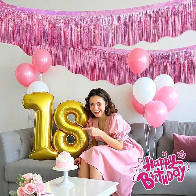 LOLStar Pink Foil Fringe Tinsel Garland, Tinsel Streamers Banner, 6 Pack | 60Ft Metallic Tinsel Streamers Banner, Glitter Photo Booth Props for Wedding, Parade Float, Gender Reveal Party Decor