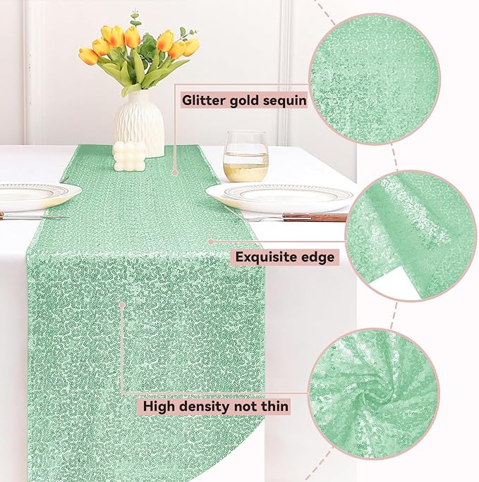 Sugargirl 10 Packs 12 x 72 inches Sequin Table Runner, Glitter Mint Green Table Runner for Birthday Party Supplies Wedding Holiday Celebration Event Decorations