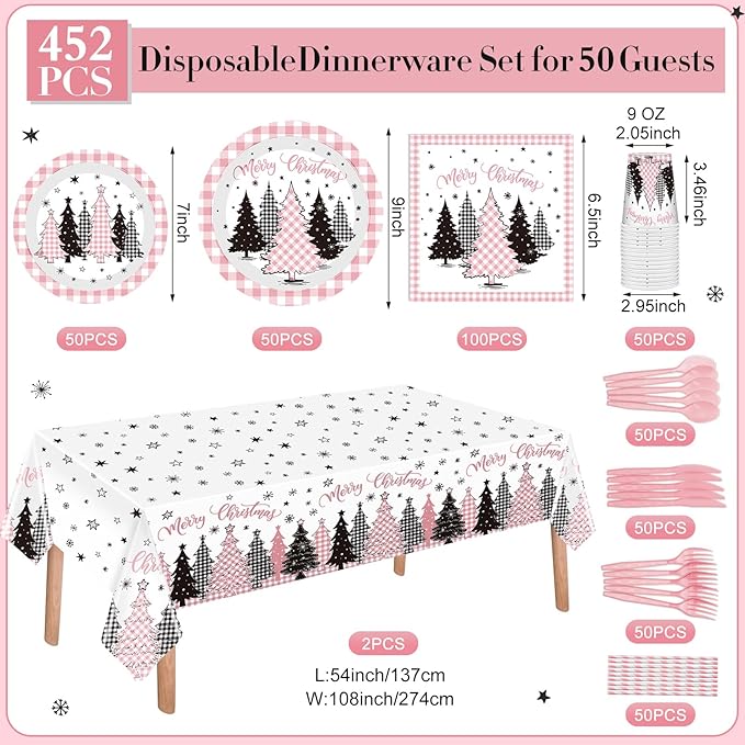 Funnymoom 452 Pcs Pink Christmas Party Decoration for 50, Buffalo Plaid Gingham Pink Xmas Tree Paper Plates Napkins Cups Tablecloth Cutlery Straws for Friendsmas Holiday Baby Shower Party Supplies