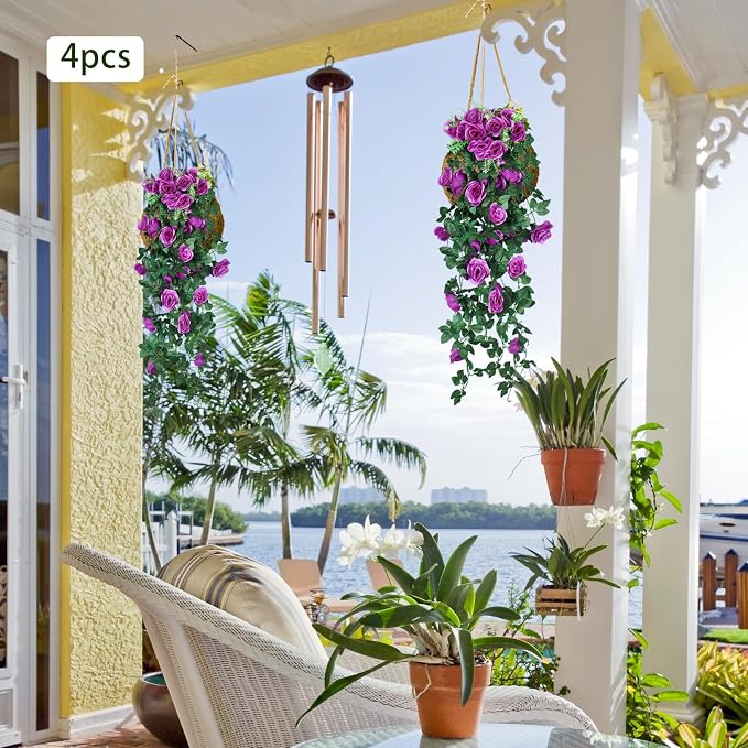 RECUTMS 2PCS Artificial Hanging Rose Flower Plants, 37 Inch Purple Fake Silk Floral Ivy Garlands for Outdoors Home Room Garden Front Porch Wedding Arch Bridal Shower Easter Indoor Party Greenery Decor
