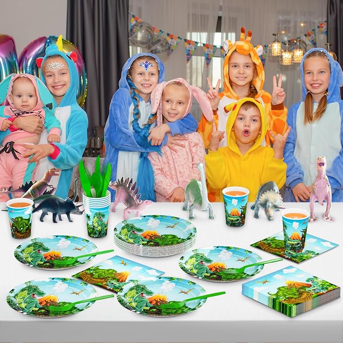 DYLIVeS Dinosaur Party Supplies, Dinosaur Themed Birthday Party Decorations Trex Dinosaur Party Favors Disposable Tableware Set for Kids Boys, Dinosaur Plates and Napkins, Cups, Cutlery, Serves 24