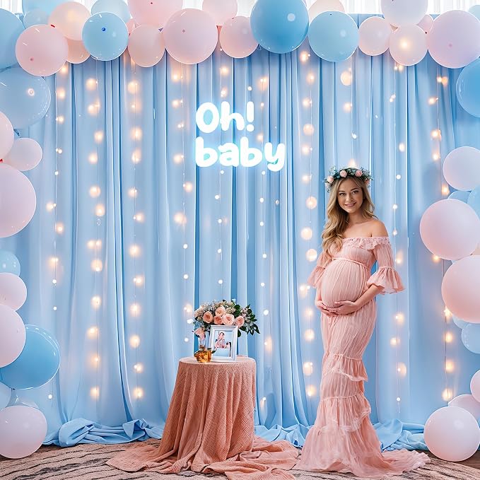20x10FT Blue Backdrop Curtains with Lights for Parties,Wrinkle Free Wedding Photo Backdrop Curtains for Baby Shower Birthday Ceremony Reception Home Party Decorations-5ft x 10ft,4 Panels