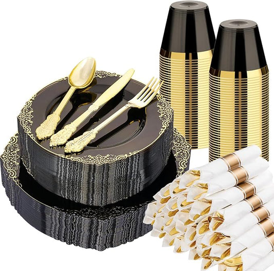Bestluck 350 PCS Black and Gold Plastic Plates, Disposable Dinnerware Set for 50 Guests, 100 Disposable Plates, 150 Silverwares, 50 Cups, 50 Napkins for Wedding, Party, Graduation
