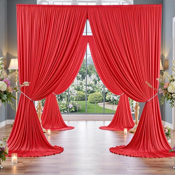 40ft x 10ft Wrinkle Free Red Backdrop Curtain for Parties, 8 Panels 5×10ft Silky Polyester Red Photo Backdrop Drapes Back Drop Cloth for Birthday Theme Party Wedding Photography Background
