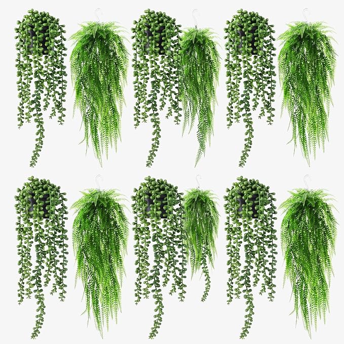 Daifunli 12 Pcs Artificial Hanging Plants Fake Hanging Ferns Plastic Fake Plant for Wall Room Garden Garland Indoor Outdoor Decor No Basket (Boston Ferns,String of Pearls)