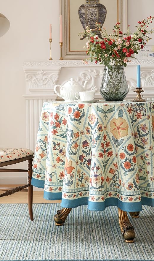 ISAENNE Designer Elegant Round Linen Tablecloth,Diameter 67"-Floralsea A | French Vintage Table Cloth,Colorful Floral Pattern,Beautiful,Decoration,Heavyweight,Dining Room,Kitchen,Thanksgiving