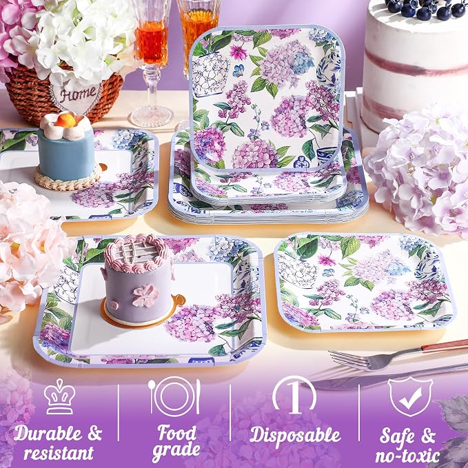 Umigy 100 Pcs Paper Plates Flower Dinner 9'' Floral Disposable Paper Plates 7'' Square Dessert Set for Dinner Birthday Wedding Baby Shower Party Tableware(Soft Color,Hydrangeas)