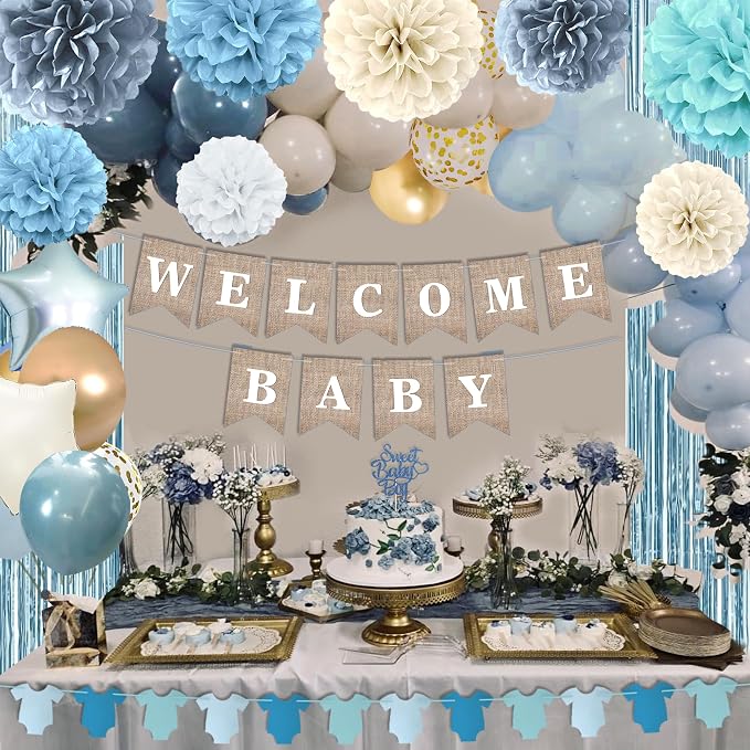 Dusty Blue Baby Shower Decorations, Boy Baby Shower Decor Set with Welcome Baby Banner, Paper Pom Poms, Sweet Baby-Boy Cake Topper, Fog Blue White Gold Balloons, Boho Baby Boy Shower Party Supplies