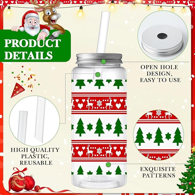 Skylety 30 Pcs Christmas Plastic Cups with Lids and Straws 13.5 oz Red and Green Striped Reusable Plastic Tumbler Christmas Party Decor for Xmas Women Birthday Party Supplies