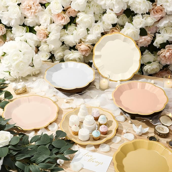 72 Pcs Champagne Gold Beige Paper Plates 9 Inch Rose Gold Gradient Scalloped Paper Disposable Dinner Dessert Plates for Birthday Wedding Bridal Party Supplies, 6 Colors
