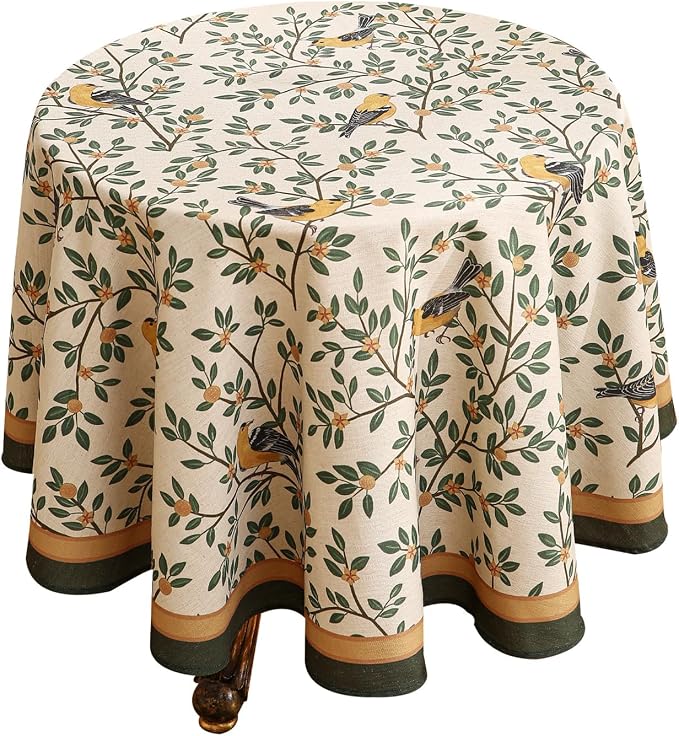 patdrea Designer French Linen Tablecloth,Round,Diameter 55"-Warbler A | Vintage Table Cloth for Round Table,Yellow and Green Floral Pattern,Dining Room Tea Party Thanksgiving Decor