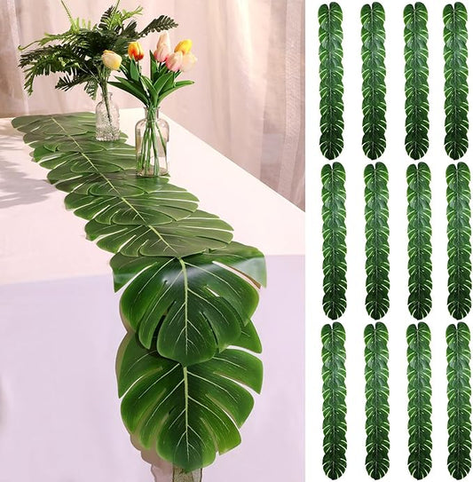 12 Pcs Artificial Palm Leaves Table Runners 72 Inch Long Tropical Palm Leaves Table Runner Faux Leaf Cloth for Wedding Hawaiian Luau Theme Party Supply Summer Decoration