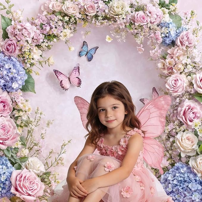 15x10ft Pink Butterfly Floral Backdrop Baby Shower Colorful Flowers Backdrops for Photograph Background Wedding Girl Birthday Table Cake Party Decorations Photo Studio Props