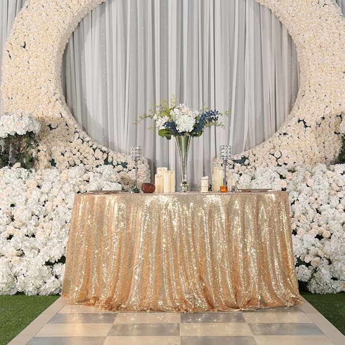 PartyDelight Light Gold Sequin Tablecloth Round 120" Table Linen for Wedding, Banquet, Party