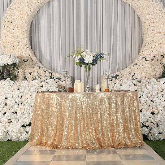 PartyDelight Light Gold Sequin Tablecloth Round 120" Table Linen for Wedding, Banquet, Party