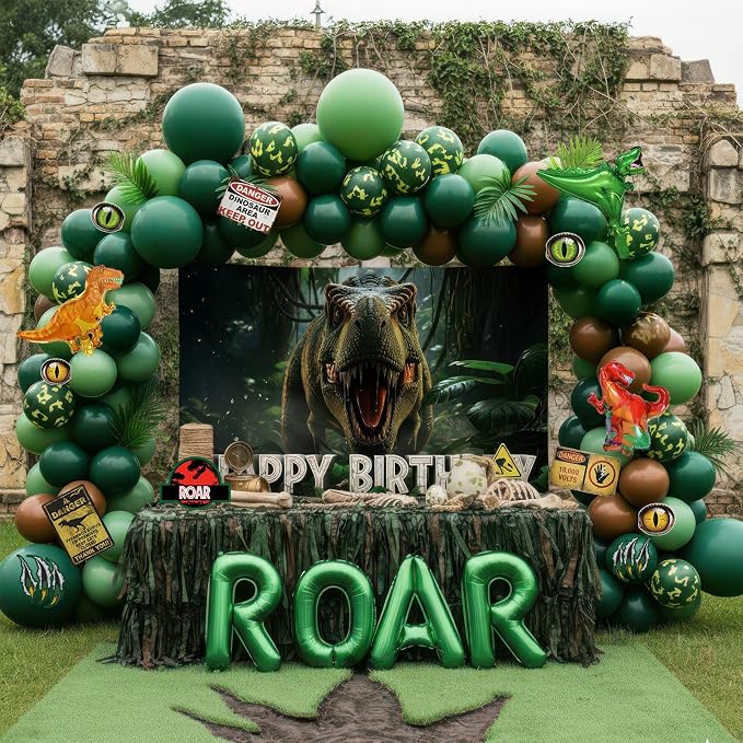 Dinosaur Birthday Decorations with Hunter Green Brown balloon arch & small T-Rex Foil balloons & backdrop Sign & Artificial Palm Leaves for Boys Jungle Safari Dino ROAR Party Supplies (Green Brown)