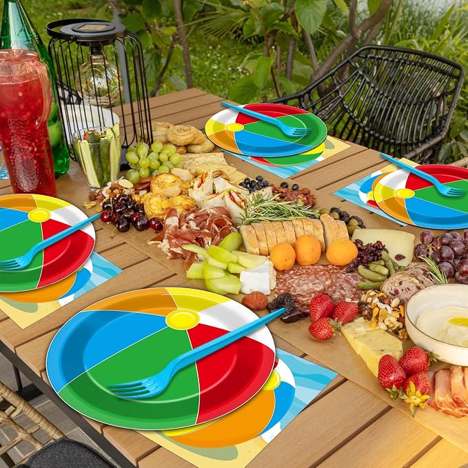Qyeahkj 50 Guests Beach Pool Ball Party Plates and Napkins Tableware Set Summer Pool Beach Birthday Party Dinnerware Supplies Favors Decorations for Hawaiian Camp, 200PCS