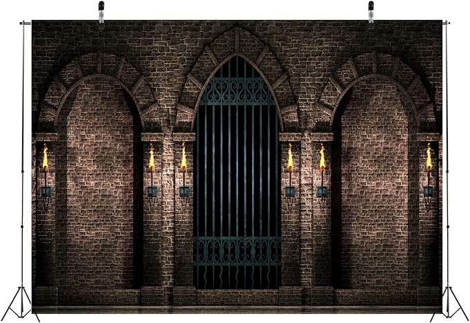 BELECO 5x3ft Fabric Gothic Castle Photography Backdrop Ancient Stone Wall Arches Iron Gates Torches Prison Corridor Halloween Night Background Medieval Castle Birthday Party Decorations Photo Props