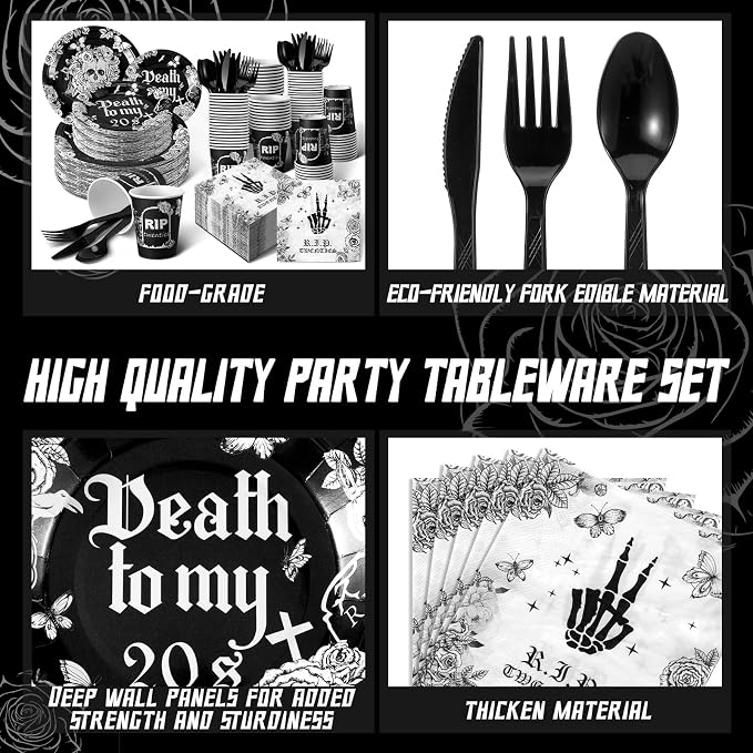 Hushee 324 Pcs Death to My 20s Decorations 30th Birthday Party Supplies Rip to My 20s Disposable Plates Cups Napkins Black Tableware Set for Youth 30th Birthday