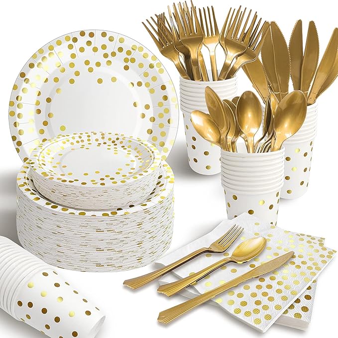 AIRE 350PCS White and Gold Party Supplies, Bulk Disposable Dinnerware Set Serves 50, Heavy Duty Paper Plates & Plastic Cutlery Forks Knives Spoons for Wedding, Anniversary, Large Event