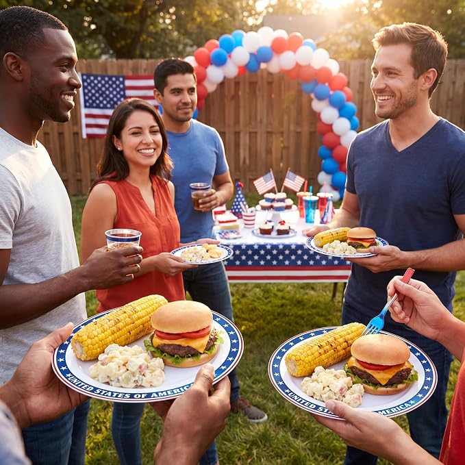 Goodluck 100Pcs 4th of July Plastic Plates, 50 10.25" Dinner & 50 7.5" Dessert Plates, Patriotic Red White and Blue Tableware with USA Flag Design for Independence Day BBQ
