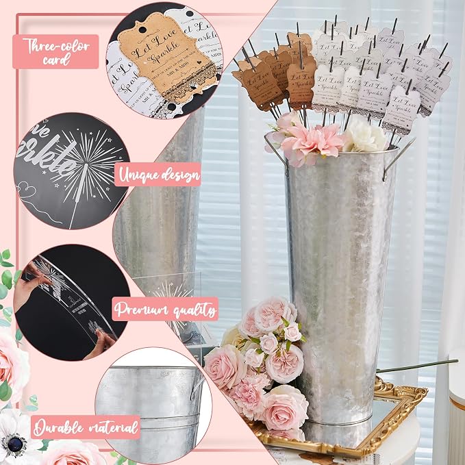 Henoyso 153 Pcs Wedding Send Off Set, 150 Lace Wedding Tags, 2 Pack 17.7 Inch Galvanized Metal Buckets, 1 Acrylic Send Off Sign with Stand for Party Decorations(Silver)